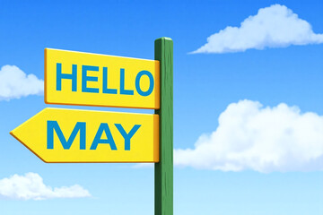 wooden sign with the words hello and may on it