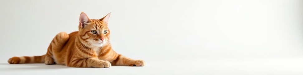 Fototapeta premium Adorable ginger tabby cat resting on plain white backdrop, whiskers, background