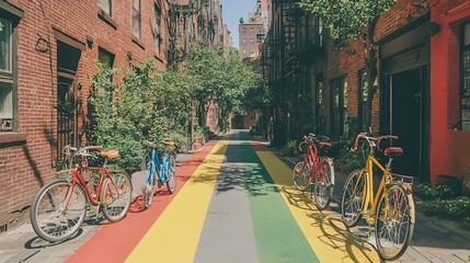 Fototapeta premium Colorful alleyway with parked bicycles. Rainbow-striped street.