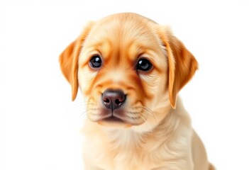 Adorable Labrador puppy, golden fur, big eyes, white background, eyes, sweet