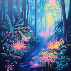 Vibrant Fantasy Forest with Colorful Plants and Mystical Light Rays