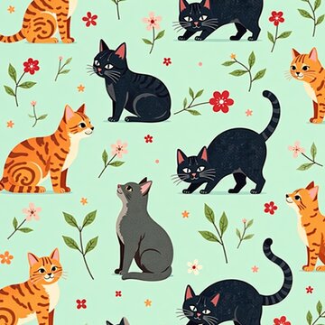 Adorable repeat design with charming cats and blooming flowers, playful, spring, whimsy