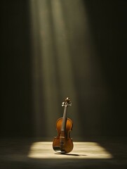 Dramatic spotlight illuminates a violin on a wooden floor.  A perfect image for music, art, or concert themes.