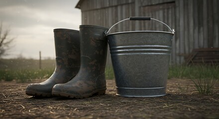 Naklejka premium Muddy Boots and Bucket on the Farm Ground Near Wooden Barn