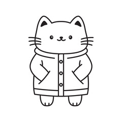 Funny Cat Kitten Pet Animal Cartoon Character Wearing Jacket Coat Raincoat in Line Art Design