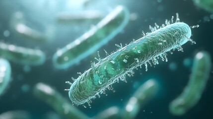 Fototapeta premium Close-up of Bacteria Cell Rendering with Translucent Flagella and Blue Background