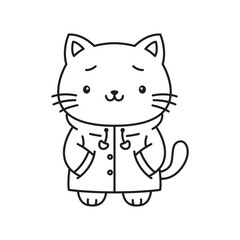Funny Cat Kitten Pet Animal Cartoon Character Wearing Jacket Coat Raincoat in Line Art Design