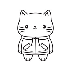 Funny Cat Kitten Pet Animal Cartoon Character Wearing Jacket Coat Raincoat in Line Art Design