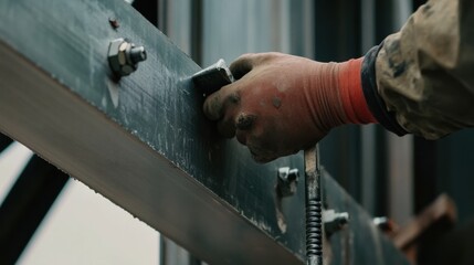A construction worker tightening bolts on a steel structure. Featuring precision and safety