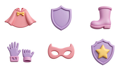 Colorful superhero costume elements, white isolate background