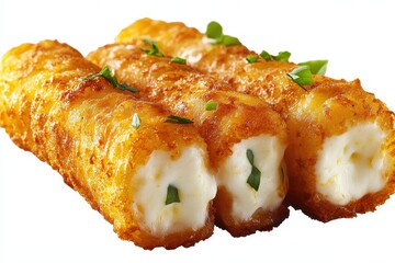 Crispy golden-brown cheese sticks, creamy filling, garnished with herbs