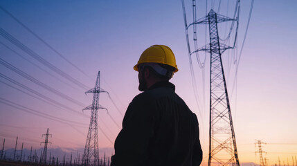 Electrician in yellow safety helmet observing power lines at sunset, showcasing dedication and safety in energy sector