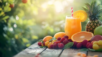 Fresh Fruit Juice and Mixed Fruit on Summer Table