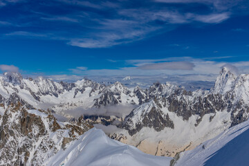 Mont Blanc, Monte Bianco mountain summit snow dome above the Chamonix valley in France. Highest...