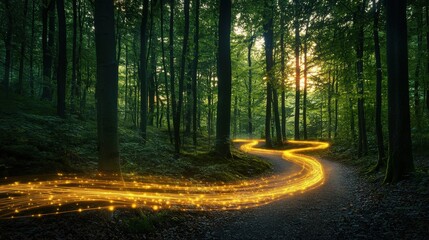 Obraz premium Enchanted Forest Pathway with Glowing Light Trails at Sunset