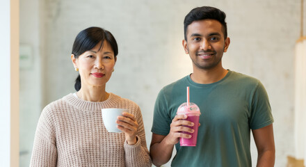 Asian female and hispanic male enjoying beverages indoors