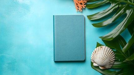 Flat Lay with Blue Notebook, Leaves, and Tropical Summer Items