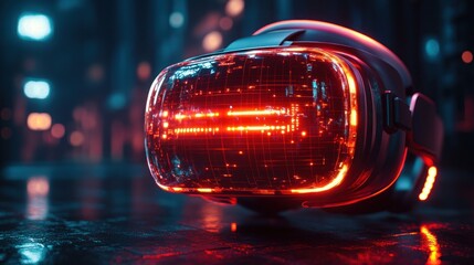 Futuristic VR Headset Glowing in Neon Cityscape