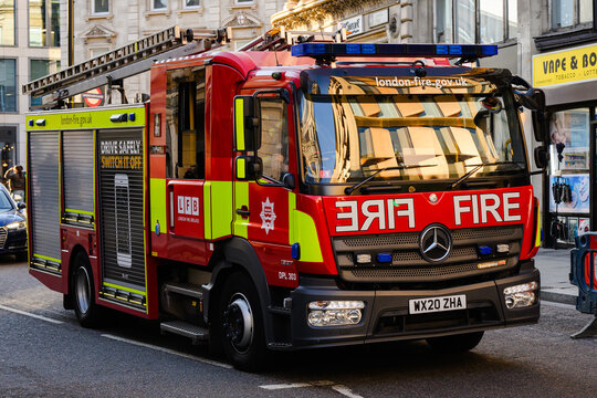 London, UK - April 1, 2025; London Fire Brigade Mercedes Benz Atego engine on city street