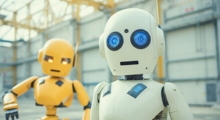Fototapeta premium Playful ai robots in industrial setting with futuristic design