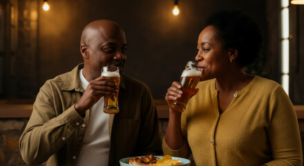 African mature couple enjoying beer and snacks together in cozy bar setting
