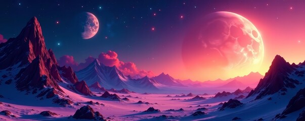 Alien landscape with two moons and colorful starry sky, futuristic, celestial