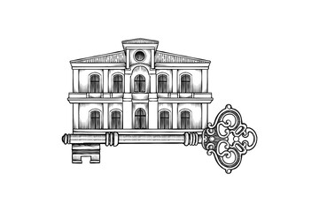 illustration drawing of hotel and vintage key
