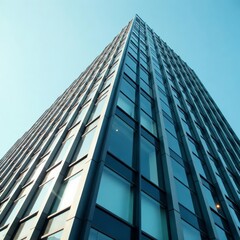 Obraz premium Angular facade of contemporary office skyscraper with glass windows and metal panels, abstract, modern