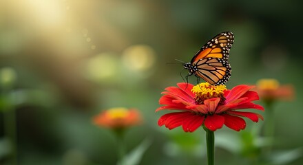 Obraz premium Butterfly Feeding on Red Flower in a Garden Sunlight