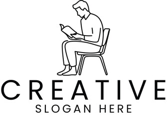 Simple Line Drawing Man Reading Book Chair Minimalist Design art icon logo home 