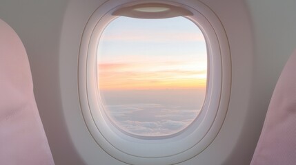 Airplane window view of a sunrise over clouds