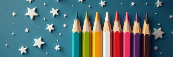 Close-up of stars and stripes pencil standing out in a lineup of white office supplies, pencil, white