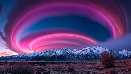 Stunning twilight scene showcasing swirling pink clouds over majestic snow-capped mountains - Powered by Adobe