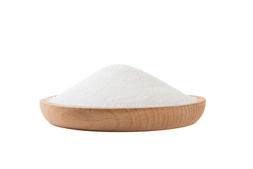 Pure natural salt in a wooden plate isolated on white background.