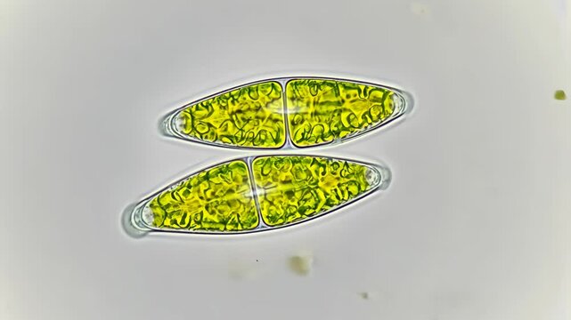 Microscope view of chloroplast-rich microalgae showing unique cellular structure and vibrant green coloration