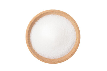 Pure natural salt in a wooden plate isolated on white background.