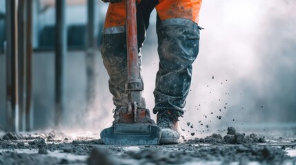 A demolition worker operating a jackhammer on a concrete surface. Featuring control and precision