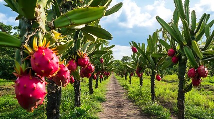 Dragon Fruit Garden Rows with Cactus Greenery and Vibrant Ripe Pitaya Growing in a Row
