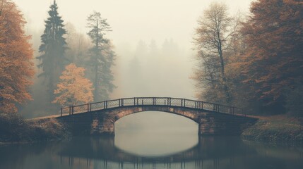 Fototapeta premium Exploring a serene traditional bridge misty forest landscape photography tranquil setting distant view nature's beauty