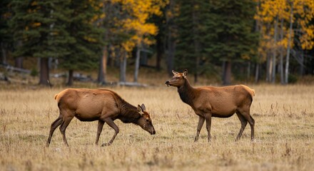 Fototapeta premium Two Deer Grazing in a Meadow with Autumn Forest Background