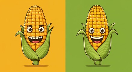 Smiling Corn Cobs Cartoon Character on Colored Backgrounds