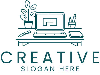 Modern Creative Workspace Laptop Design Minimalist Line Art pen desk idea flat  