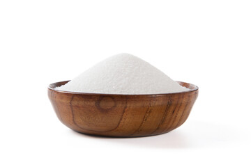 Pure natural salt in a wooden bowl isolated on white background.