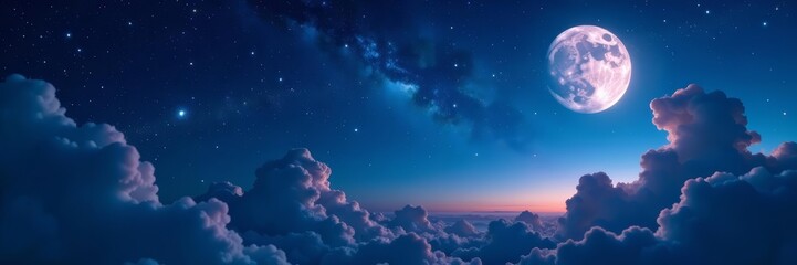 Dreamy night sky with glittering stars and moon, moon, galaxy