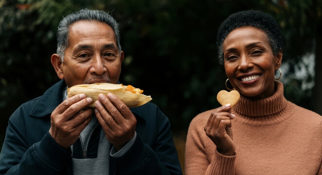 Elderly hispanic couple enjoying tamale and cookie outdoors, smiling, autumn season