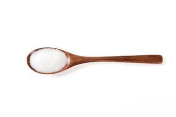 Pure natural salt in a wooden spoon isolated on white background.