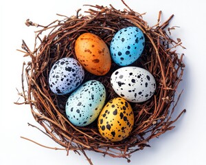 Obraz premium A delicate ink-wash painting of Easter eggs arranged in an ornate nest, Easter eggs, Ephemera, Greeting cards