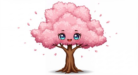 Cute Flowering Tree Character with Big Eyes and Pink Petals