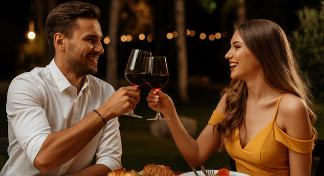 Young caucasian couple enjoying romantic dinner outdoors with red wine