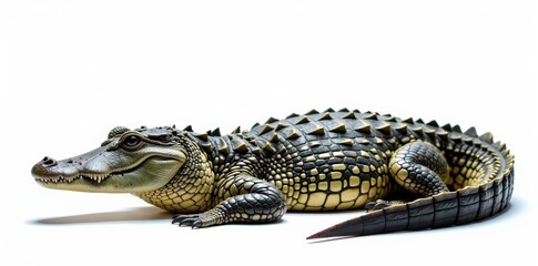 Obraz premium Full body shot of a crocodile lying on a white background, isolated, aggressive